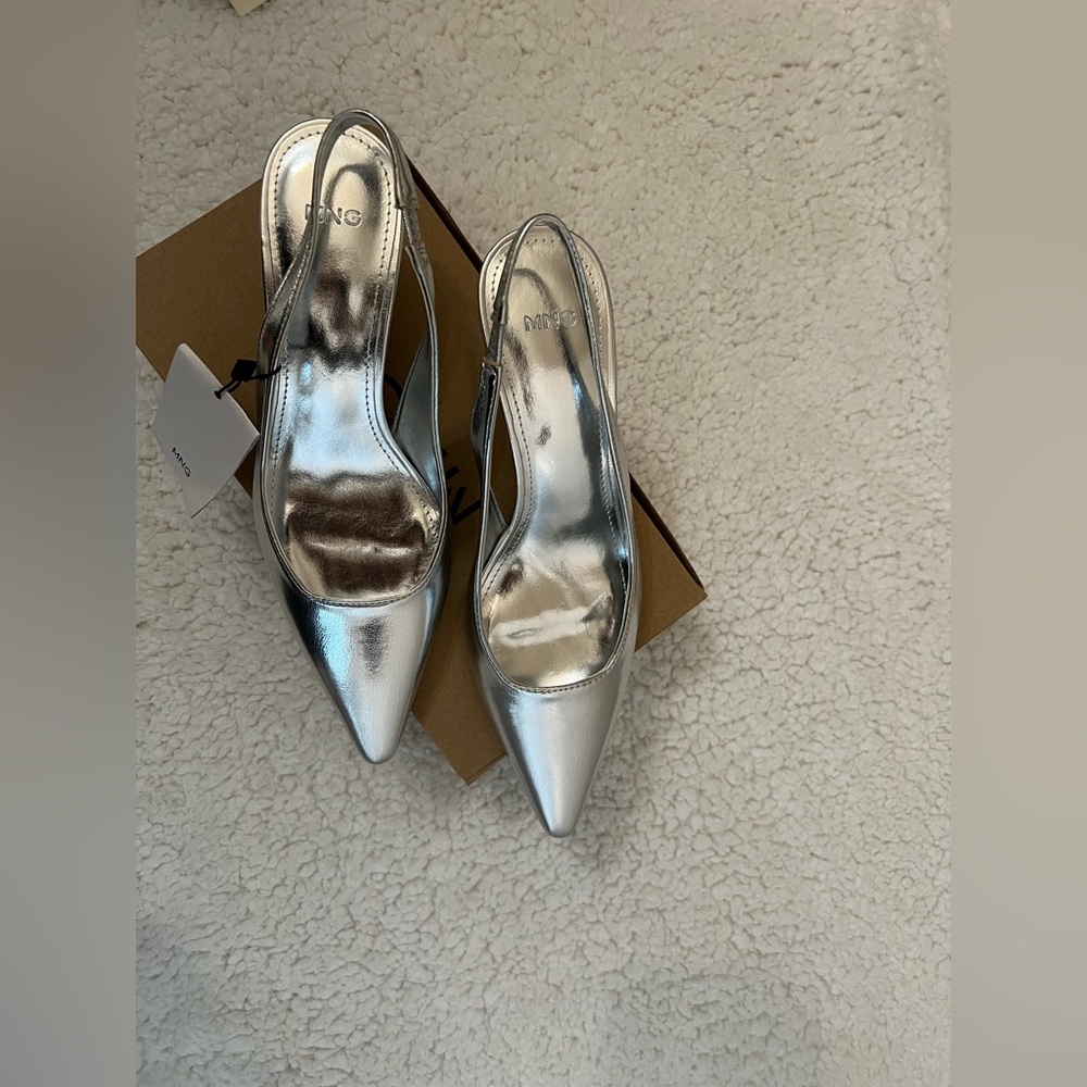 Mango Silver Slingback Heels with Pointed Toe